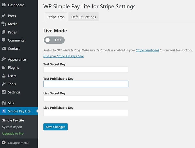 WP Simple Pay Lite for Stripe WordPress plugin WP Simple Pay API Keys
