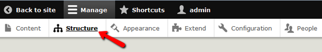 Navigating to the Structure menu in Drupal 8